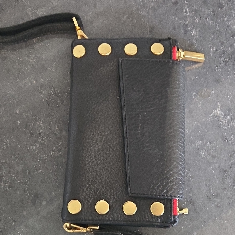Black Leather Wristlet with Gold Studs